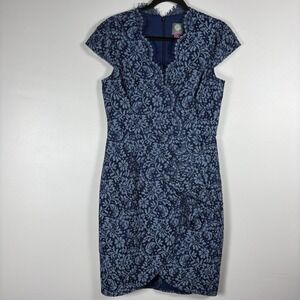 Vince Camuto Women's 8 Blue Scalloped V Neck Cap Sleeve Lined Bodycon Lace Dress